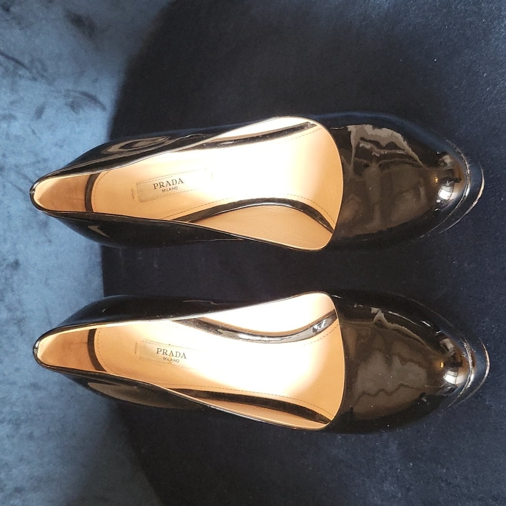 Patent Prada Platform Heels